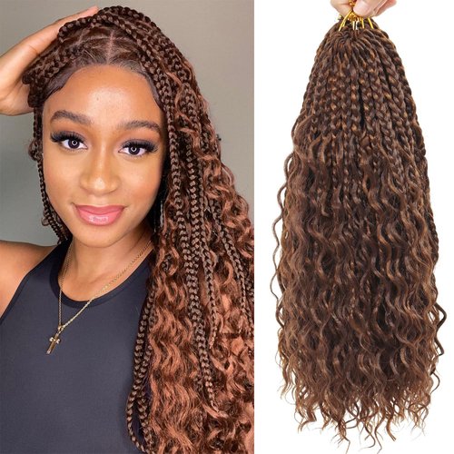 Goddess Bohemian Box Braids Crochet Hair 7 Packs 14 Inch Boho Crochet Braids for Black Women Pre Looped Braiding Hair with Curly Ends, P33/30