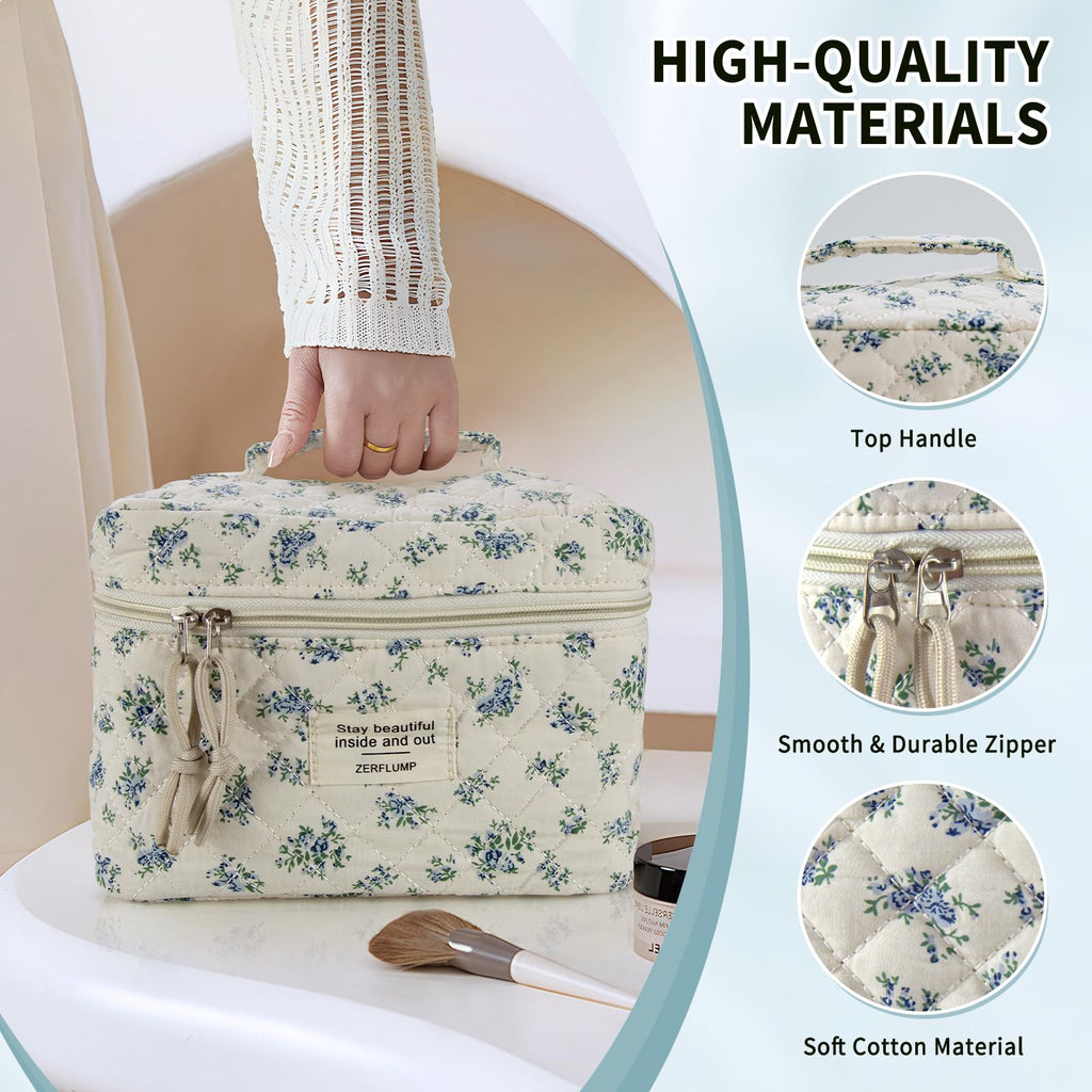 ZERFLUMP Cute Quilted Floral Makeup Bag(3Pcs)，Coquette Aesthetic Cosmetic Bag，Travel Toiletry Bags， Kawaii Aesthetic pouch for Women (4 - Little Blue Flower)