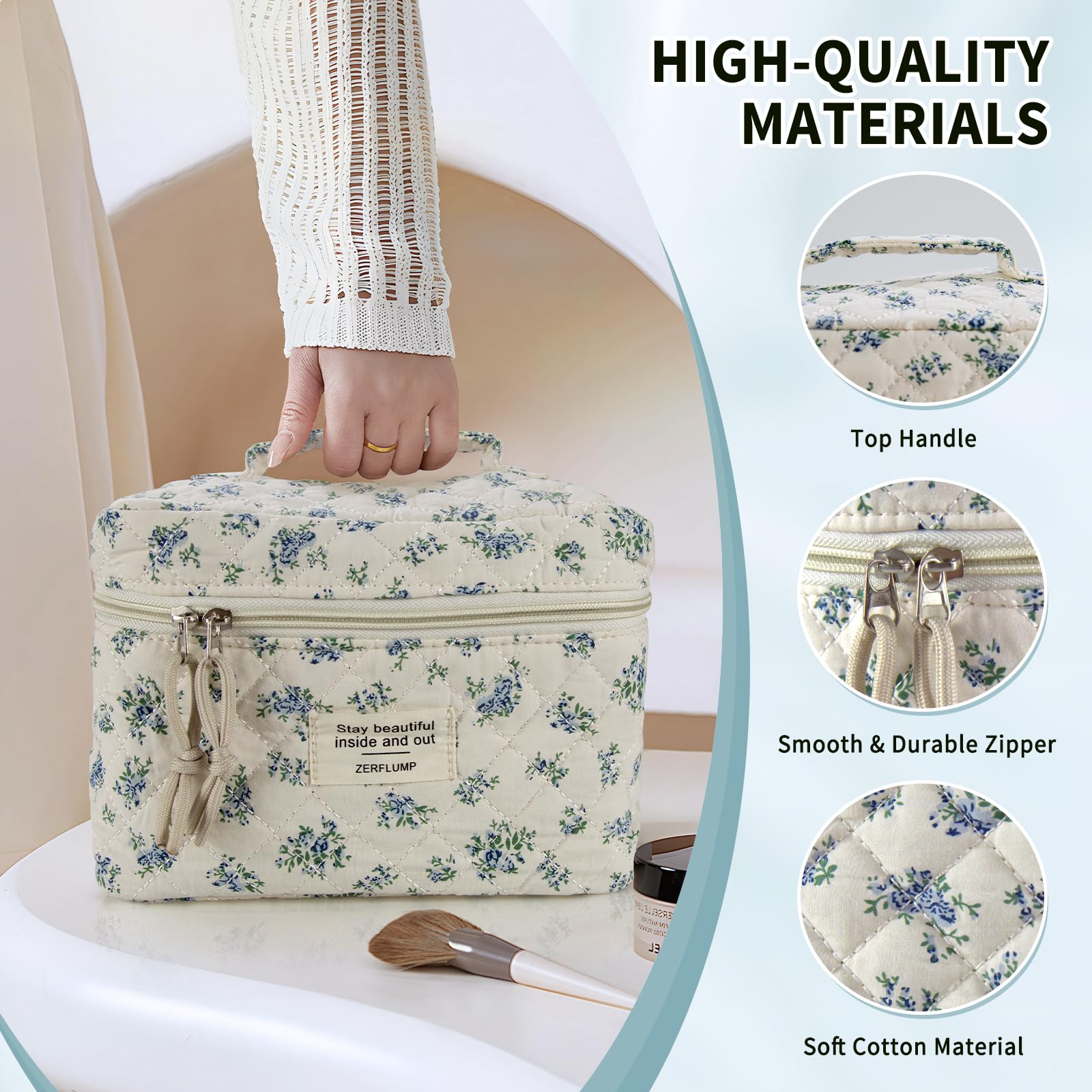 ZERFLUMP Cute Quilted Floral Makeup Bag(3Pcs)，Coquette Aesthetic Cosmetic Bag，Travel Toiletry Bags， Kawaii Aesthetic pouch for Women (4 - Little Blue Flower)