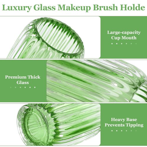 Makeup Brush Holder, Thick Glass Makeup Brush Organizer Cup, 4.8" Tall for Vanity Hair Brush Holder Brushes Storage, Makeup Brush Holder Organizer organizador de brochas de maquillaje Crystal Green