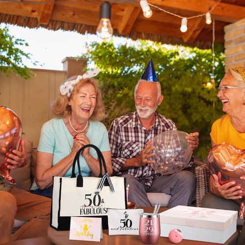 Locmeo 11 Pcs 50TH Birthday Gifts Sets for Her Include Tote Bag Makeup Bag Ring Tray Wine Tumbler Scented Candle Keychain Socks for Women Mom Wife Sister Coworker Happy 50 Birthday Valentines Gifts