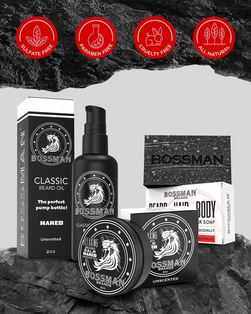Bossman Starter Beard Kit for Men – Beard Oil (2 oz), Beard Balm & Bar Soap – Natural & Organic Grooming Kit – Made in the USA Men Gift Set (Naked – Unscented)