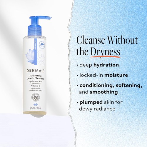 Derma E Hydrating Gentle Cleanser - Moisturizing Facial Wash with Hyaluronic Acid, 6 fl oz