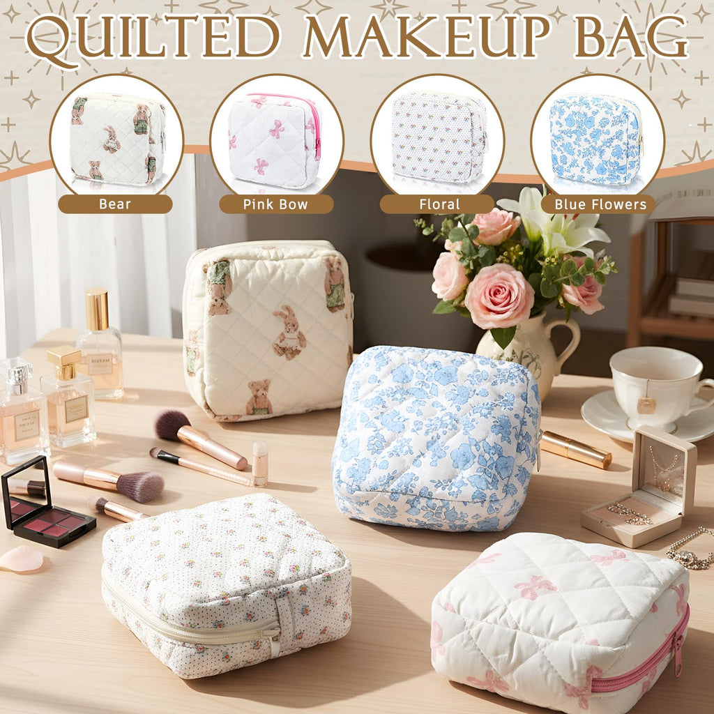 Weewooday 4 Pcs Small Quilted Makeup Bag Travel Cosmetic Makeup Bags Organizer Sanitary Napkin Storage Bag Floral Cotton Coquette Aesthetic Toiletry Bags for Women Girls(5x5x2inch,Novel)
