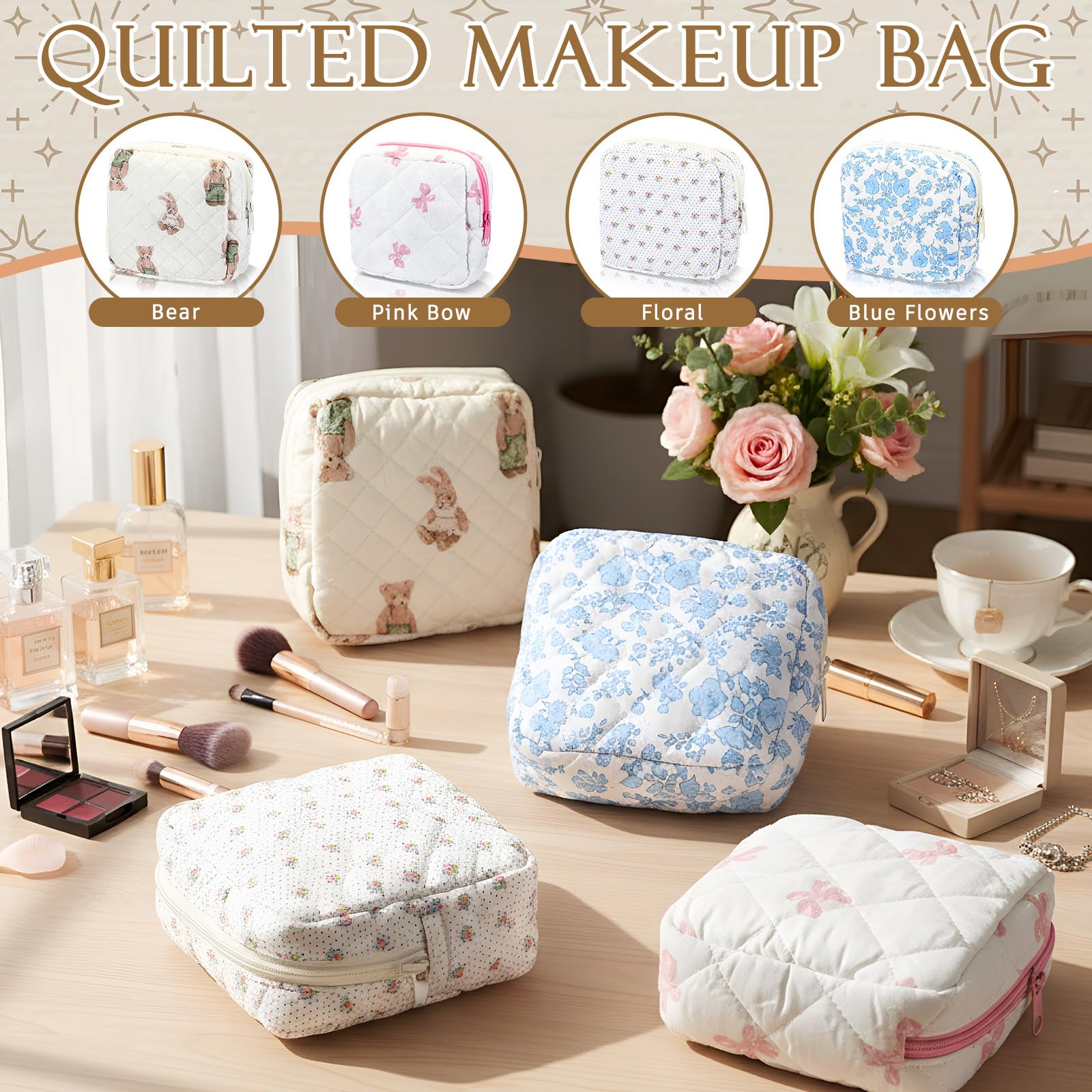 Weewooday 4 Pcs Small Quilted Makeup Bag Travel Cosmetic Makeup Bags Organizer Sanitary Napkin Storage Bag Floral Cotton Coquette Aesthetic Toiletry Bags for Women Girls(5x5x2inch,Novel)