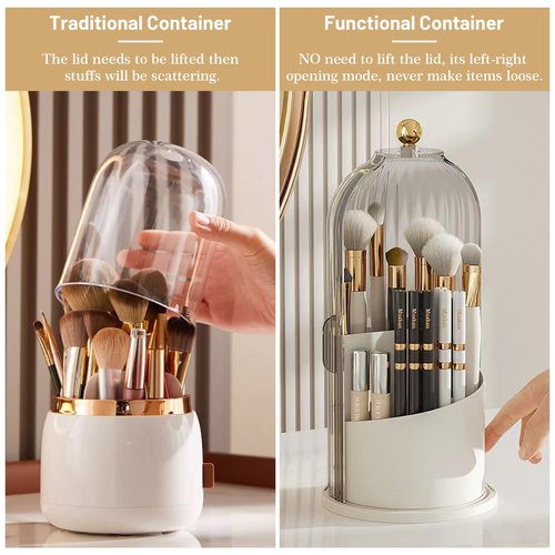 Ezebesta 1PCS Makeup Brush Holder Organizer with Clear Lid 360 Rotating Sliding Opening Dustproof Brushes Container for Vanity