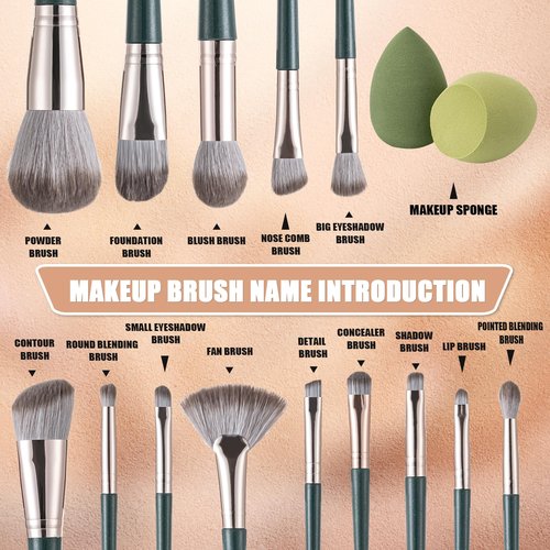 Amrules Makeup Brushes, 14 Pcs Professional Makeup Brush Set, Eye and Face Foundation Brush Set, Eyeshadow Brushes, Cosmetic Brushes with 2 Blender Sponge and PU Makeup Pail, Dark Green