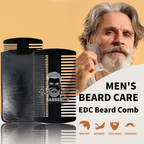 Metal Beard & Mustache Comb for Men - Anti-Static Dual Action - Credit Card Size Stainless Steel EDC Comb, Lice Wallet Pocket, Fine Cutting Teasing Barber Hair Styling - Black