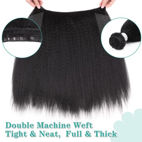 HANNE Kinky Straight Bundles with Lace Closure Yaki Long Straight Hair Bundle for Black Women Heat Resistant 3 Bundles with Closure Hair Extensions (18 20 22 Black)