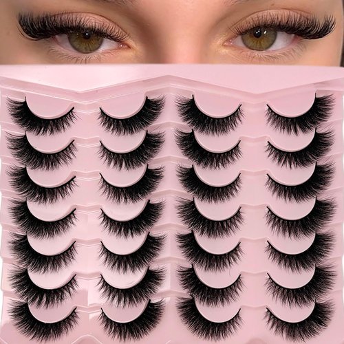 loladook Cat Eye Lashes Natural Look Short Fluffy 16mm Faux Mink Full Strip Lashes Pack 3D C Curl Volume Fox Eye False Eyelashes 14 Pairs