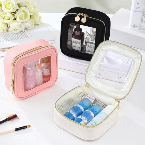 Abbylike 3 Pcs Clear Makeup Bags Travel Cosmetic Organizer Case Nylon Toiletry Bag with Zipper PVC Transparent Makeup Pouch Portable Storage Car Essentials for Women Gifts(Black, White, Pink,Small)