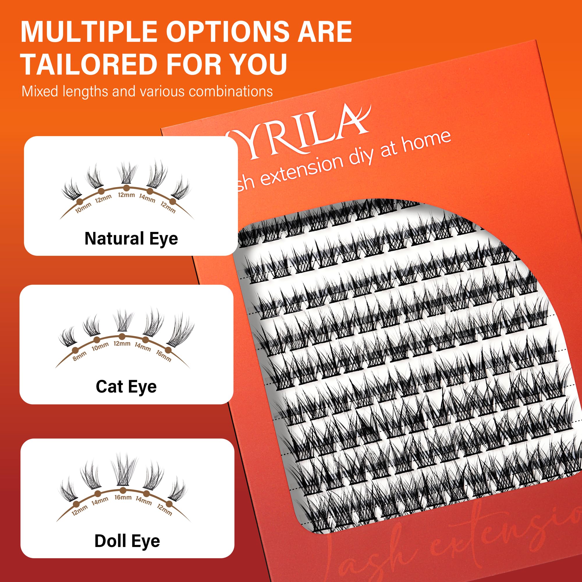 VYRILA Lash Cluster 144pcs Individual Lashes,8-16mm Diy Lash Extension,C Curl Lash Clusters Wispy,3D Natural Lash Clusters Look Like Eyelash Extension DIY at Home (Orange Spirit-C-8-16mix)