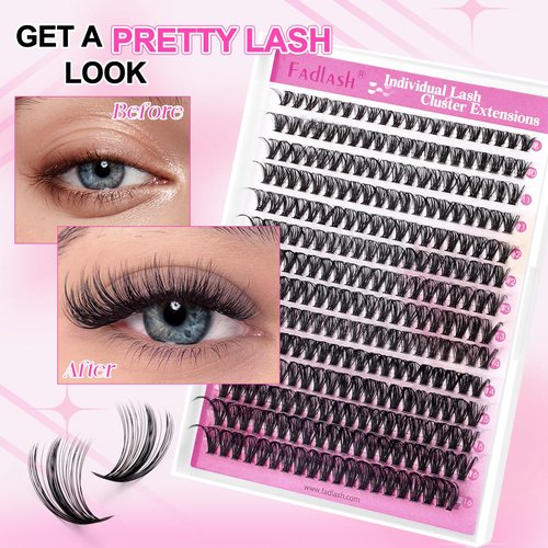 FADLASH Lash Clusters Kit 280PCS Individual Eyelash Clusters D Curl 8-16mm Eyelash Extension Kit with Lash Bond and Seal Lash Tweezer for Beginners (40D-0.07D-8-16mm KIT)