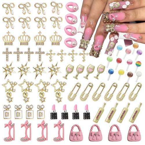 Pizadix 84 pcs 3D Gold Pink Nail Charms Y2K Set Cute Nail Charms with Stars, Crowns, Crosses,Bins,Lollipops, Lips, Bottles, Cups, Perfume, Lipsticks, Bags, and Heels for Nail Art