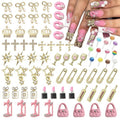 Pizadix 84 pcs 3D Gold Pink Nail Charms Y2K Set Cute Nail Charms with Stars, Crowns, Crosses,Bins,Lollipops, Lips, Bottles, Cups, Perfume, Lipsticks, Bags, and Heels for Nail Art