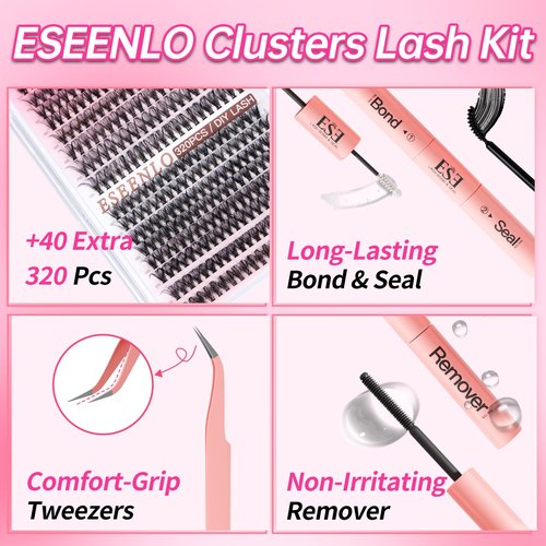ESEENLO Lash Extension Kit, 320pcs DIY Eyelash Extension Kit 9-16mm Mix, 30D 40D Curl Individual Lash Clusters with Bond, Seal, Remover and Tweezers