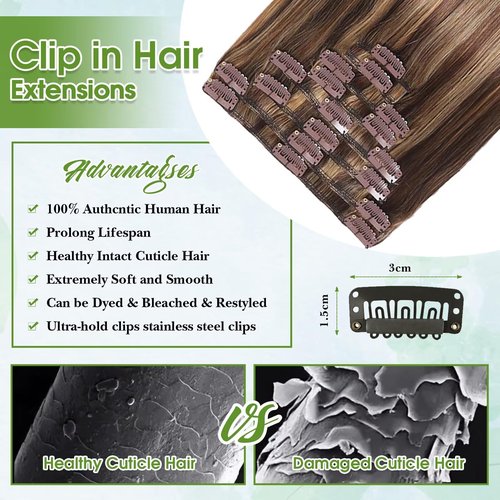 Clip in Hair Extensions Real Human Hair Balayage 14inch Chocolate Brown and Honey Blonde Human Hair Clip in Extensions 100% Human Hair Highlight Seamless Clip ins Extension for Women 8pcs Double Weft
