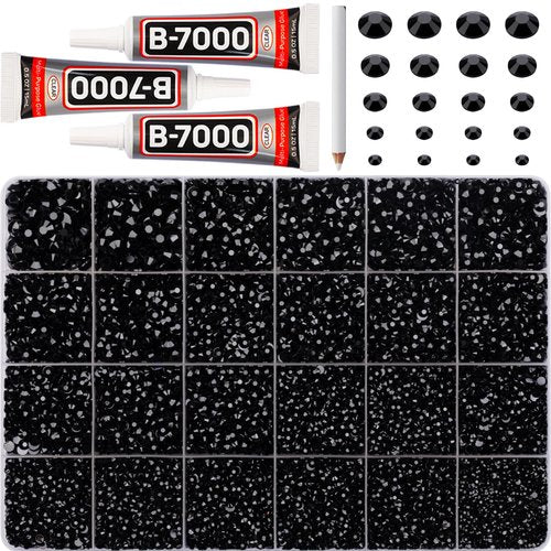 32000Pcs Black Rhinestones for Bedazzling, Black Bedazzle Gems Flatback Resin Stones Diamonds Crystal Gemstones Bedazzled Jewels Flat Back Rinestone for Crafting Clothes Clothing 2-6mm with B7000 Glue