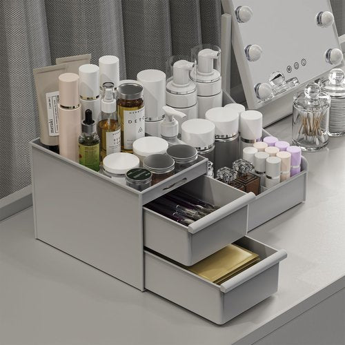 DancesCat Grey&2 Drawers Makeup Organizer Countertop, Vanity Organizer with 7 Compartments and 2 Drawers for Cosmetics, Skincare, Brushes, Perfume, Bathroom Counter Organizer