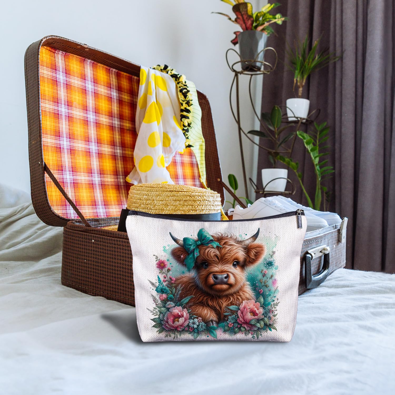 Zomhix Floral Highland Cow Makeup Bag - Teal Coquette Bow Western Cow Cosmetic Bag Toiletry Bag for Women