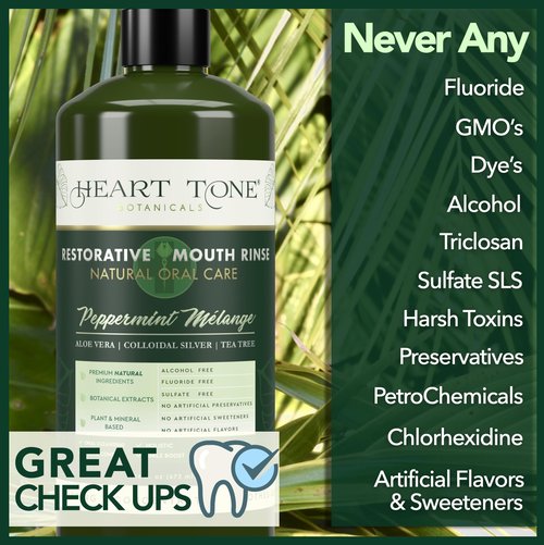Heart Tone Botanicals Nano Silver Mouthwash | All Natural | Adult Restorative Mouth Rinse | Aloe Vera, Colloidal Silver, & Tea Tree | Complete Oral Care & Fresh Breath | Fluoride, GMO, & Alcohol Free