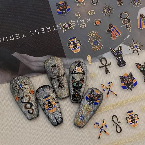 Dedyel Cat Nail Stickers 5D Embossed Cartoon Nail Art Sticker Egyptian Nail Decals for Women Girls Kids Nail Art Decoration