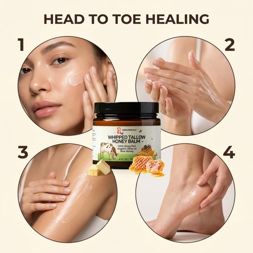 AMBER ESSENTIALS Beef Tallow & Honey Balm, All-Natural Moisturizer with Raw Honey & Olive Oil, Grass-Fed Tallow Cream for Face & Body, Deeply Nourishing Skin Care for Women & Men, Rich Moisture