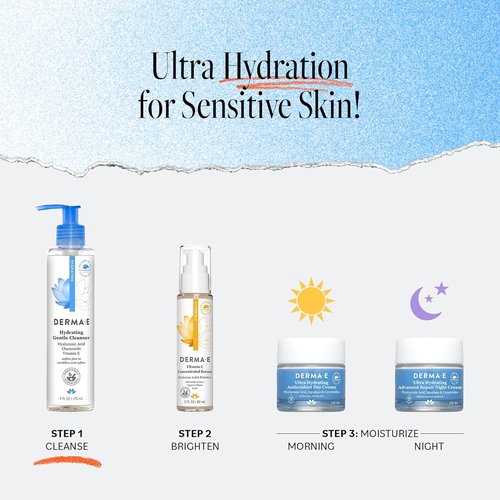 Derma E Hydrating Gentle Cleanser - Moisturizing Facial Wash with Hyaluronic Acid, 6 fl oz