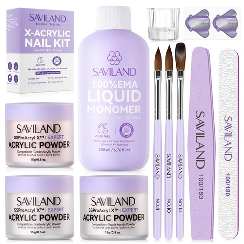 SAVILAND Acrylic Nail Kit with Everything: Hema-Free & Low-Odor Professional Acrylic Powder and 200ml Liquid Set with Size 8 10 14 Nail Brushes, Forms & Tools for Extensions 3D Carving Home Salon Use