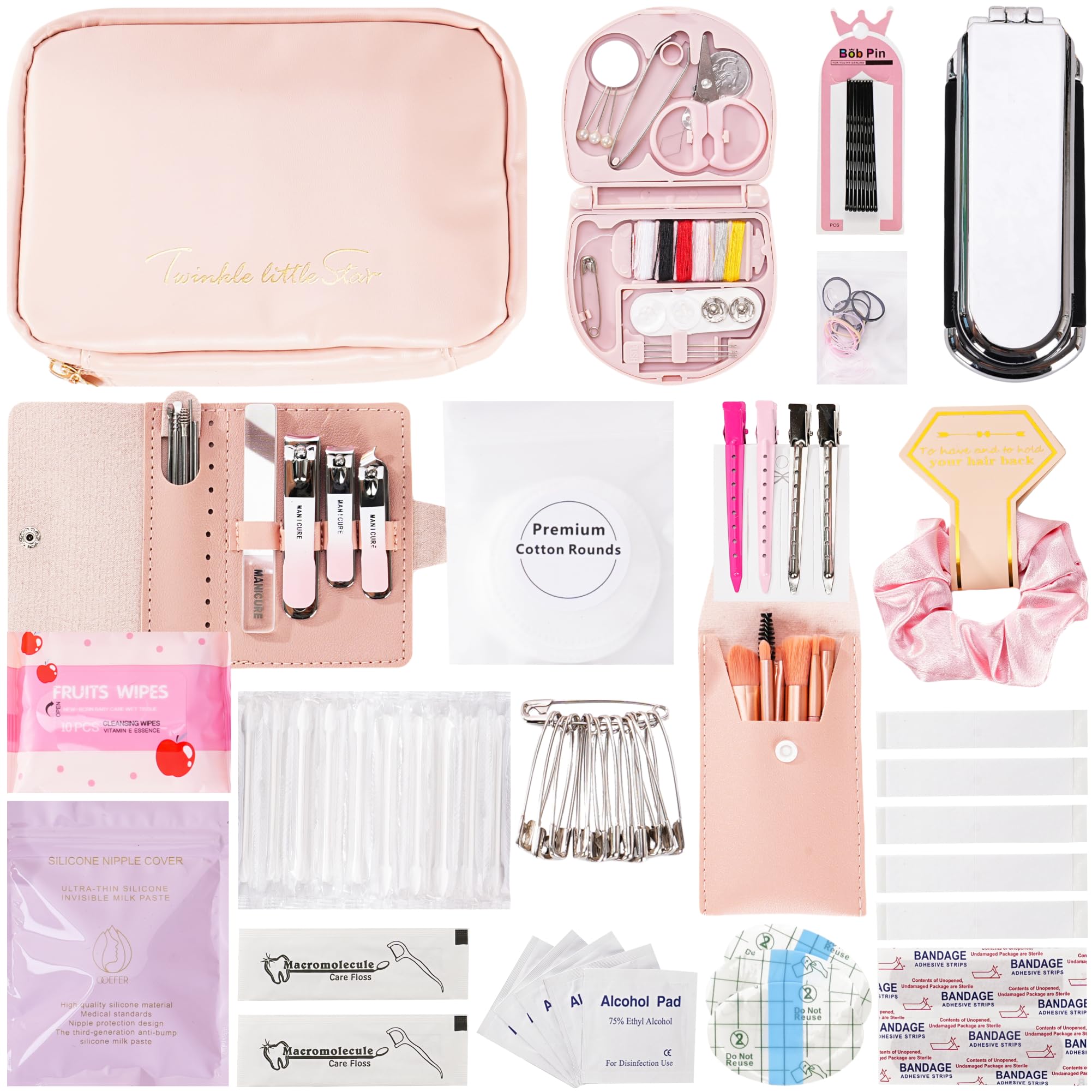 Wedding Day Emergency Kit for Bride, 39 Pc Essential Items for Brides Daily Use Women Wedding Gift, Travel Kit Personal Care Survival Set with Bride Makeup Bag - Wedding Emergency Kit Supplies (Pink)