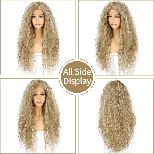 SAPPHIREWIGS Curly Lace Front Wigs Highlight Blonde Long Water Wave Synthetic Wig Pre-plucked Hairline Blonde for Black Women 26inch