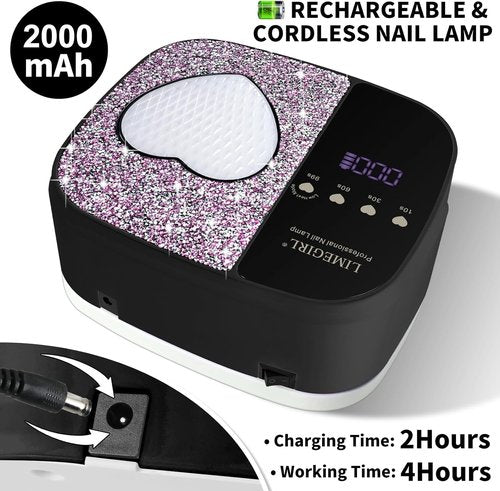 LIMEGIRL UV LED Nail Lamp Kit - Professional Fast Curing Black Dryer with 4 Timer Settings | Cordless Rechargeable Nail Art Machine for Home & Salon