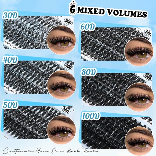 QUNETY Lash Clusters 720pcs Eyelash Clusters Mixed 30-100D Cluster Eyelash Extensions Wispy Individual Lashes Cluster Natural DIY Eyelashes C curl Volume False Mink Eye Lash Extension Trays