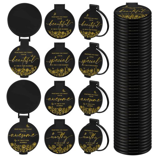 HSDSH 100 Pcs Inspirational Compact Mirror Bulk Small Pocket Mirror Purse Round Portable Folding Makeup Mirror Thanksgiving for Women Coworker Employee Teacher(Black)