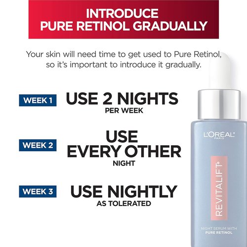 L'Oreal Paris Revitalift Night Serum - 0.3% Pure Retinol for Deep Wrinkle Reduction | Fragrance-Free 1 oz + Moisturizer Sample