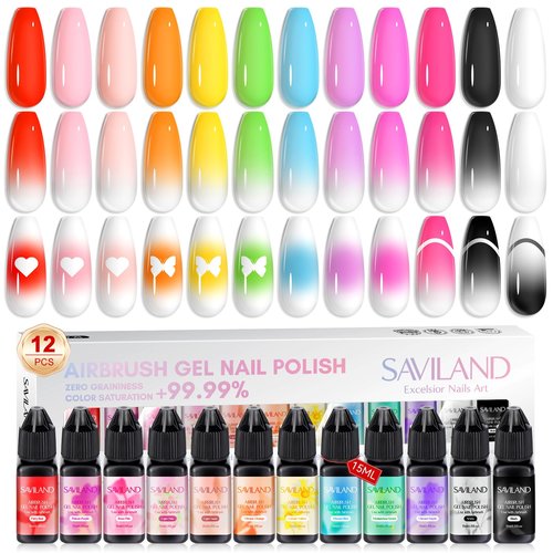 SAVILAND Airbrush Gel Nail Polish Hema-Free: Dilution-Free 12 Vitality Colors Airbrush for Nails Set Non-Acetone with Fine Mist Nail for Spray French & Ombre Nail Polish Nail Art Design Salon Kit
