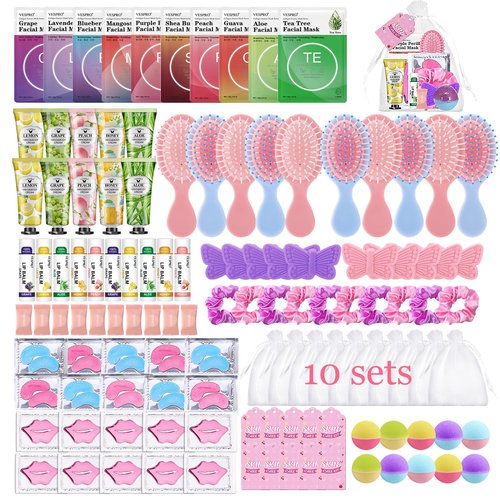 110PCS Spa Party Supplies for Girls, Spa Party Favors Include Face Masks Skincare, Hand Cream, Lip Balm, Under Eye Patches, Mini Hair Brush, Spa Birthday Sleepover Party Supplies for Teen Girls