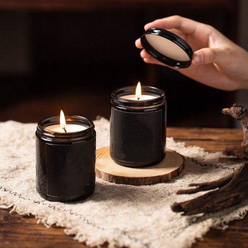 KIGITIK 6 pack 8oz Black Glass Jars and Plastic & Metal Lids, Refillable Thick Glass Jars For Candle, Storage, Spice, Liquid, Powder. (8oz Black)
