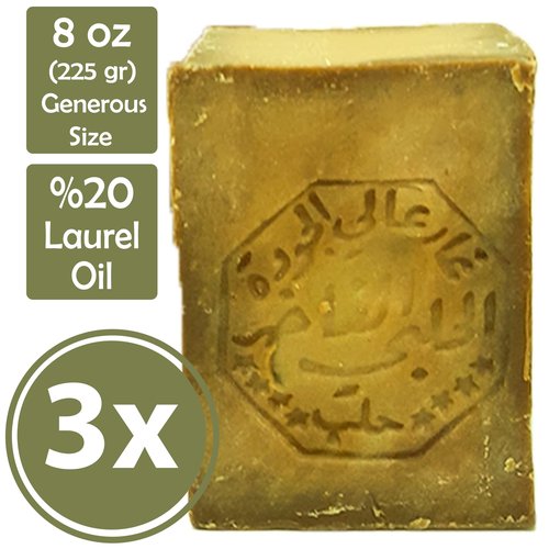 Aleppo Soap - 3 Pack - 8 oz each -%20 Laurel Oil,%80 Virgin Olive Oil, Natural & Handmade from Origin