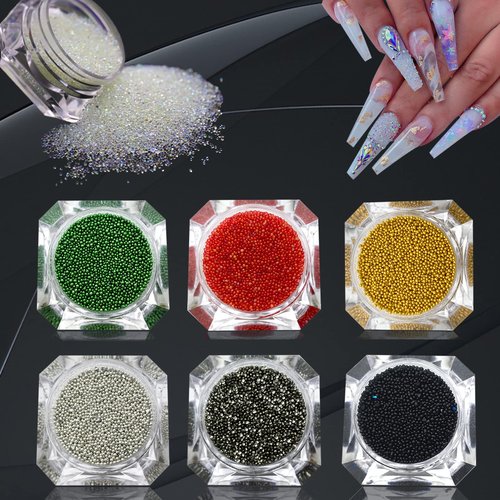 6 Bottles Micro Pixie Crystals for Nails Caviar Beads Nail Beads Gravel Nail Diamonds Stone Crystal Rhinestones Nail Decorations for DIY 3D Nail Art （Silver, Red, Black,Gold,Hematite,Green）