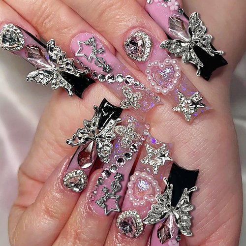 Namifin 48PCS Y2K Nail Charms and Gems 3D Silver Star Butterfly Planet Corss Nail Charms for Acrylic Nails Design Kawaii Nail Jewels for Nail Art