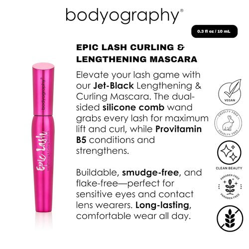 Bodyography Jet-Black Lengthening & Curling Mascara - Dual-Sided Comb Wand for Volume & Lift | Smudge-Free, Buildable Formula