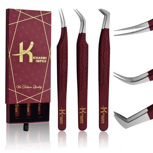 Eyelash Extension Tweezers, KHADMI IMPEX Fiber Tip Lash Tweezers - Set of 3 Eyelash Tweezers - Straight and Curved And Volume Eye Lash Tweezers for Extensions (Maroon)