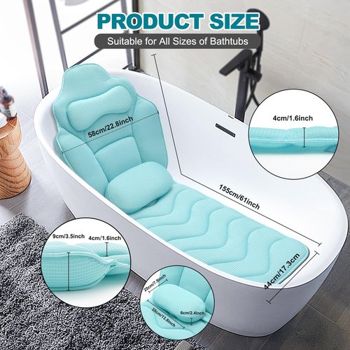 Full Body Bath Pillow for Bathtub - Extra Long 61’’ Bath Pillows for Tub, Ergonomic 4D Air Mesh Tub Pillow with Head, Neck & Lumbar Support, Bathtub Pillow Spa Cushion with Non-Slip Suction Cups