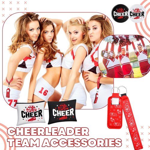 Sunnymove 60 Pcs Cheerleader Gifts Bulk Cheer Team Gifts for Women with Cheerleader Cosmetic Bags Makeup Mirror Bracelets Lipstick Holder Keychains Lanyard Cheer Team Party Favors(Red White)