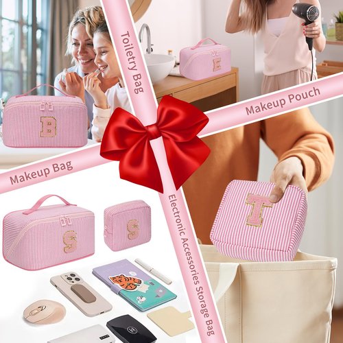 Easter Basket Gifts for Girls Women - Travel Makeup Bag for Women, 2Pcs Portable Personalized Initial Makeup Organizer Bag, Open Flat Large Cosmetic Bag With Travel Essential Pouch (Pink Letter A)