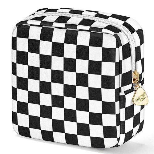 Desing Wish 5.1'' x 5.1'' Small Makeup Bag for Purse Flocked Material Mini Travel Makeup Bag with Two Inner Pockets Portable Cute Cosmetic Bags for Women (Black-White Checker)