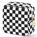 Desing Wish 5.1'' x 5.1'' Small Makeup Bag for Purse Flocked Material Mini Travel Makeup Bag with Two Inner Pockets Portable Cute Cosmetic Bags for Women (Black-White Checker)