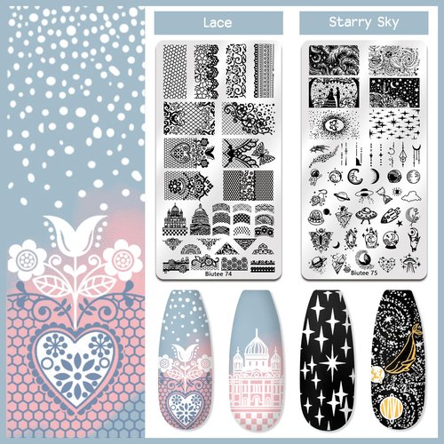 Biutee Nail Stamper Kit 22Pcs Gel Nail Stamping Kit 12Pcs Nail Stamping Plates 8Pcs Gel Stamping Polish, Silicone Stamper Scraper Flower Lace Star Stripe Holiday Stamp Template Gift for Women