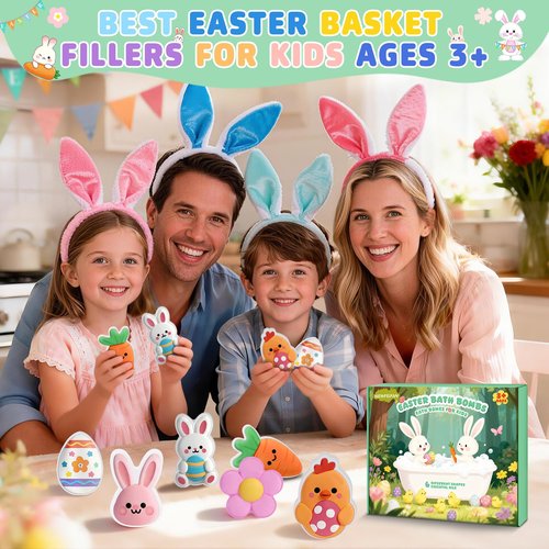 Easter Bath Bombs for Kids, 6 Piece Bath Bomb Toys for Children, Bunny, Chicken & Egg Shapes, Gentle Handmade Safe Fizz Balls, Perfect Easter Basket Stuffers & Party Favors for Boys & Girls